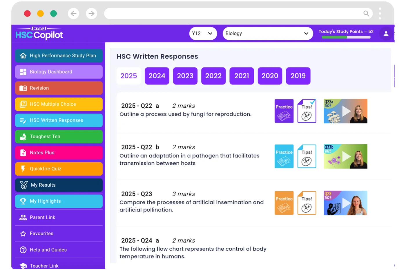Excel HSC Copilot showing 2025 Biology HSC written response questions, each with Practice, Tips and a Band 6 student video