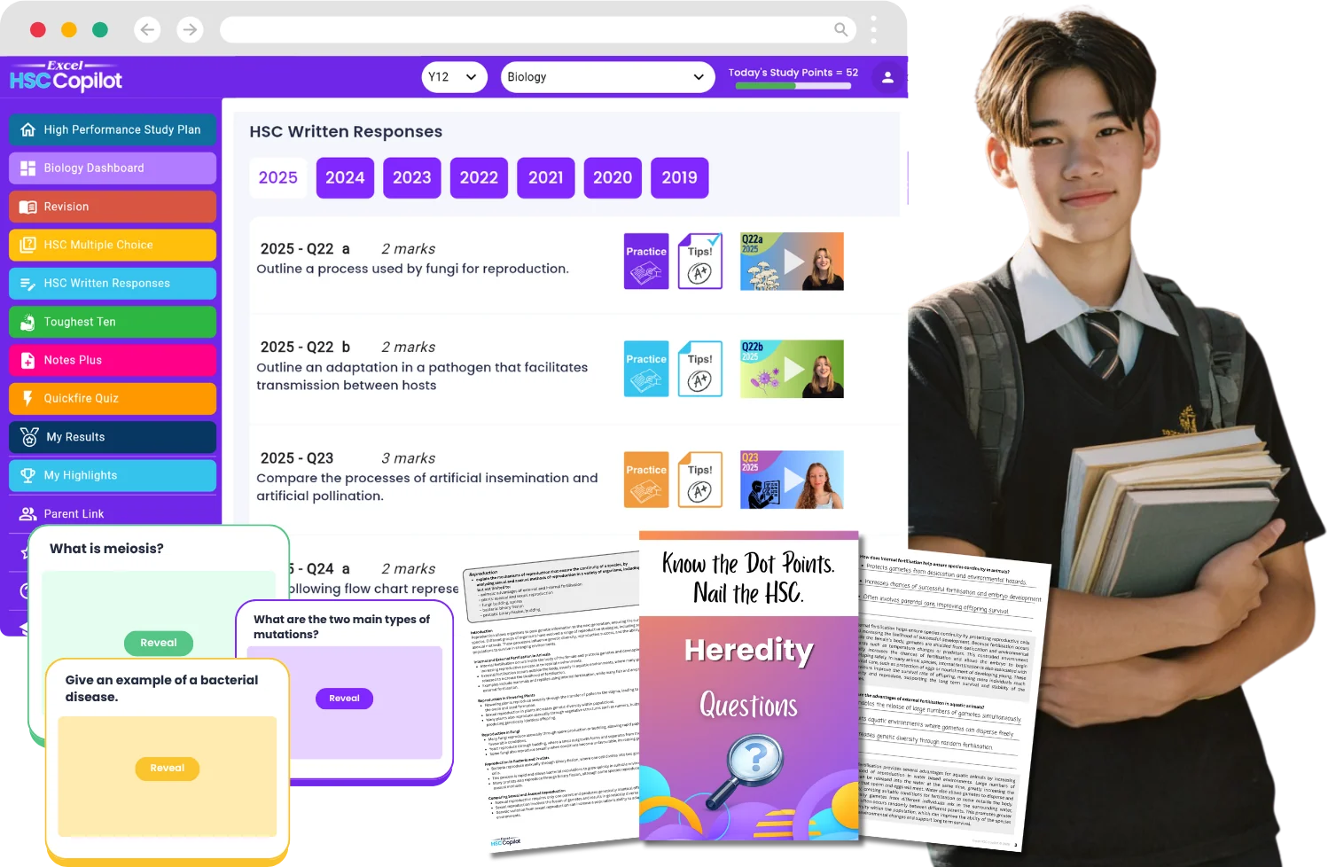 A student holding books beside Excel HSC Copilot, showing past HSC questions by year, flash cards, a Heredity workbook and notes pages