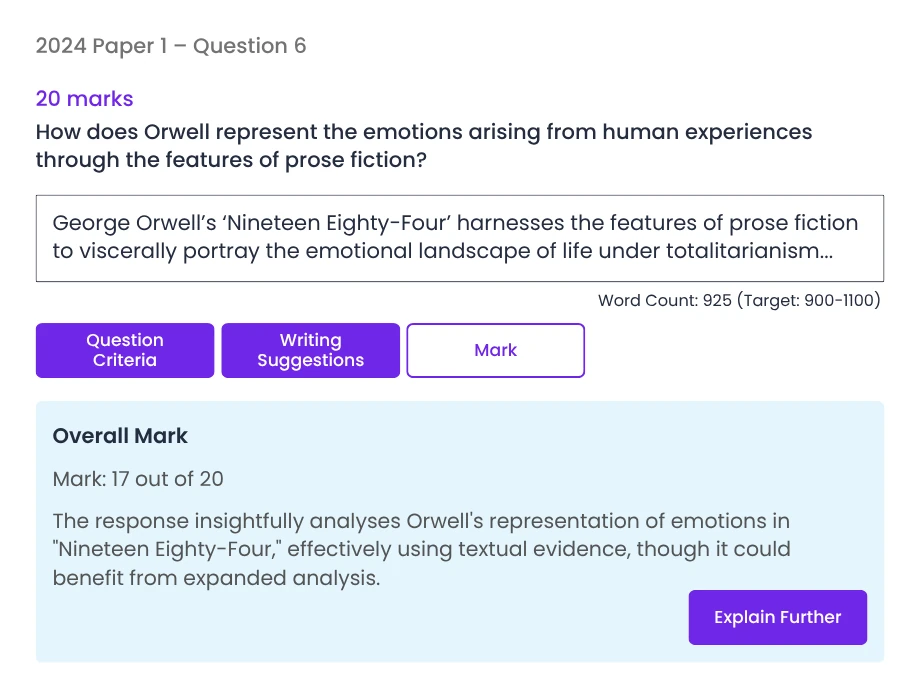 A 2024 HSC English question on Orwell's Nineteen Eighty-Four, marked 17 out of 20 with instant feedback in Excel HSC Copilot