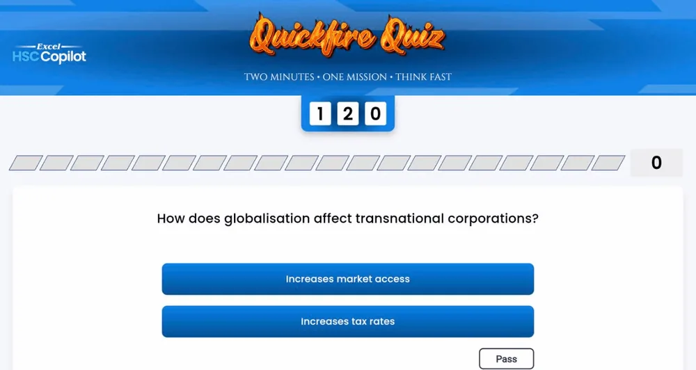 Excel HSC Copilot Quickfire Quiz in Economics, answering questions against a two-minute timer
