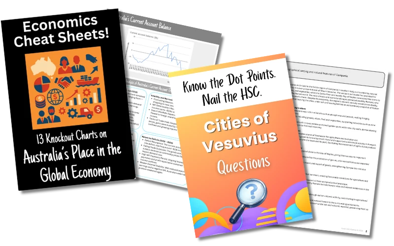 Economics knockout charts, a Cities of Vesuvius question workbook and syllabus notes pages