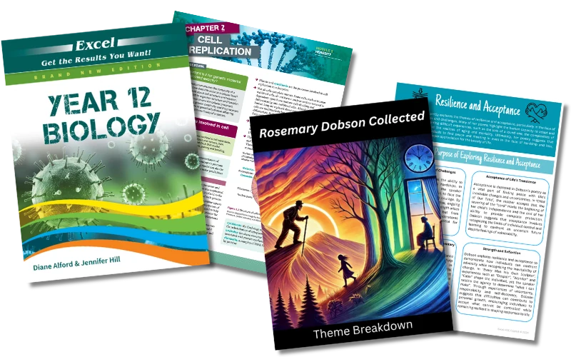 Excel Year 12 Biology study guide, a Cell Replication chapter, and a Rosemary Dobson Collected theme breakdown
