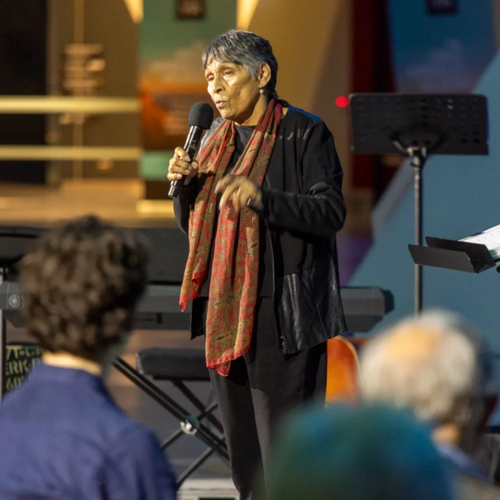 Ngunnawal Elder Aunty Violet Sheridan sharing a Welcome to Country, reminding us that caring for Country is a shared duty for all generations. Photo credit: Dalice Trost