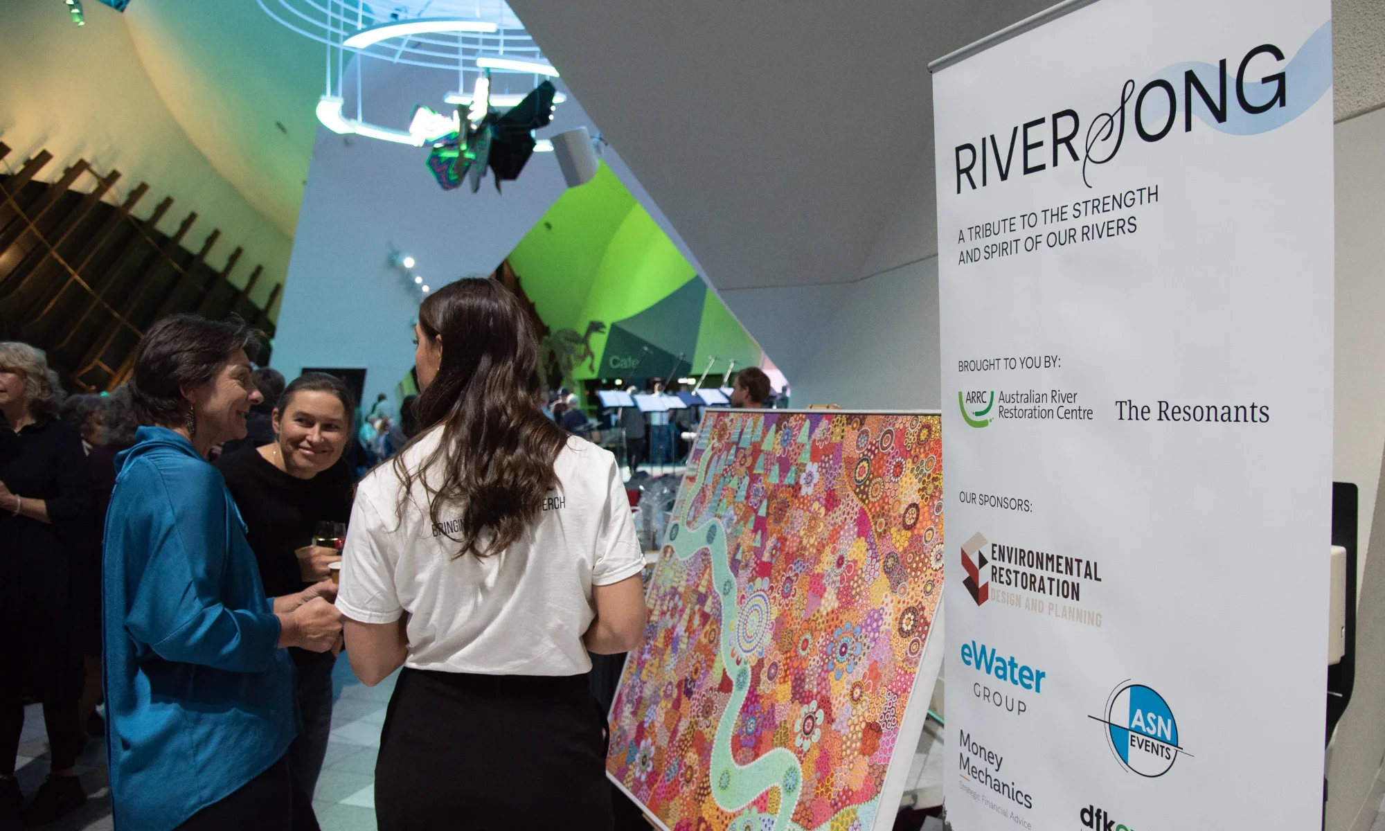 Owen Lyons contributed a gorgeous Wagga Wagga Wiradjuri artwork, with the winning bid by the choir's conduct Helen Swan. The artwork traces the river’s journey from the mountains above Tumut to the plains beyond Wagga Wagga, with the city at its centre. Photo credit: Ben Curry