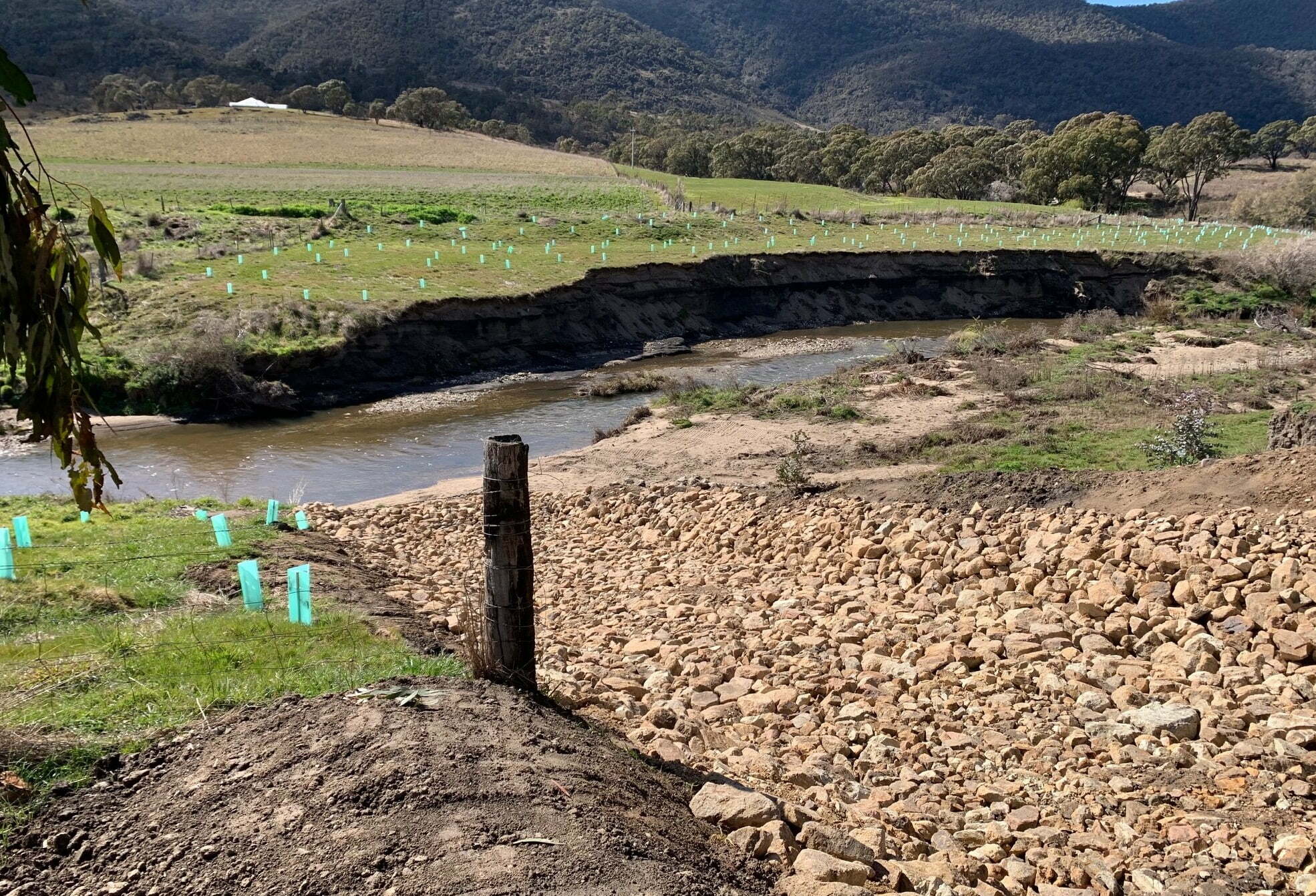 Extensive rock flume constructed through the levelling and flattening of the original erosion headcut.