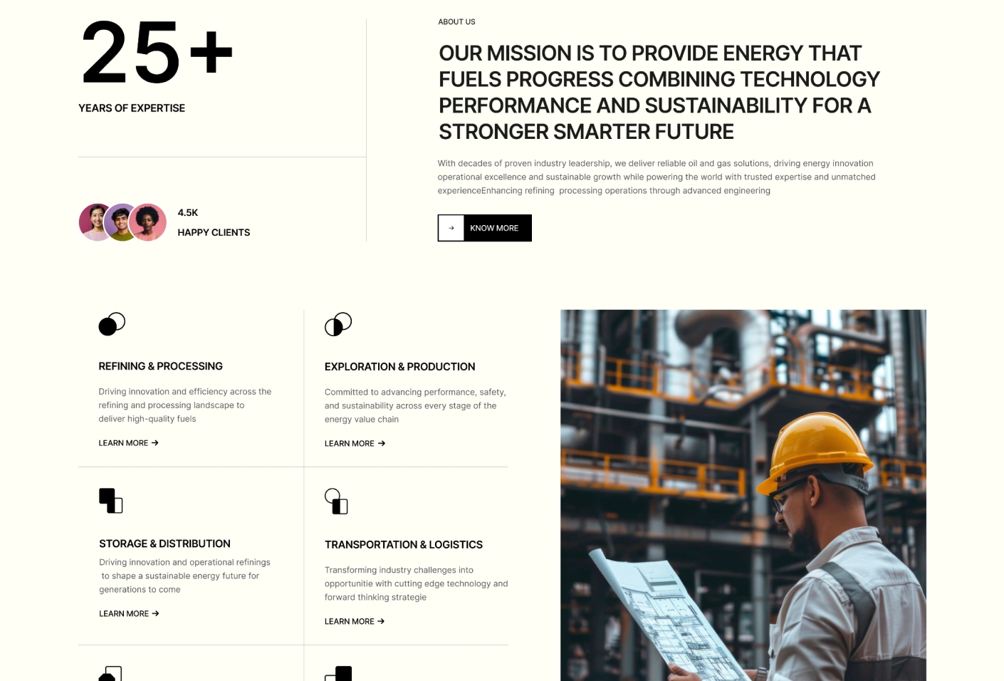 Energy company web page highlighting 25+ years expertise, 4.5K happy clients, mission statement, services overview, and worker reviewing industrial plans.