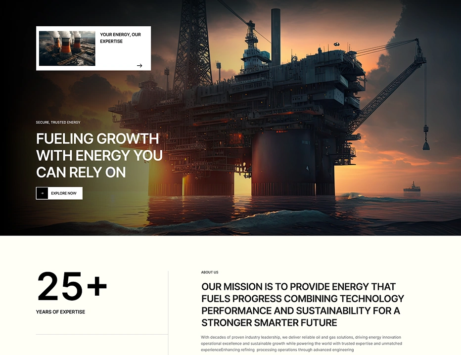 Offshore oil rig platform in the ocean at sunset with text about fueling growth with reliable energy and company mission statement.