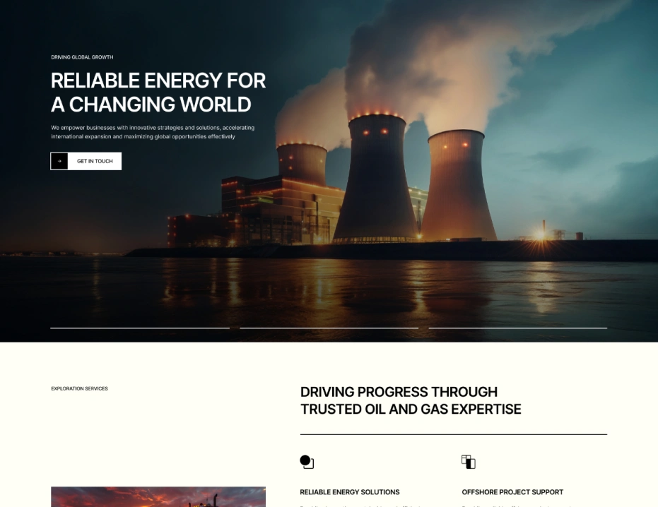 Power plant with cooling towers emitting steam at dusk over reflective water, alongside text promoting reliable energy for a changing world.