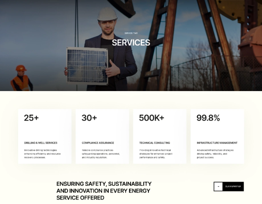 Man wearing a white helmet holding a solar panel with industrial equipment in the background, with text highlighting services: drilling and well services, compliance assurance, technical consulting, and infrastructure management.