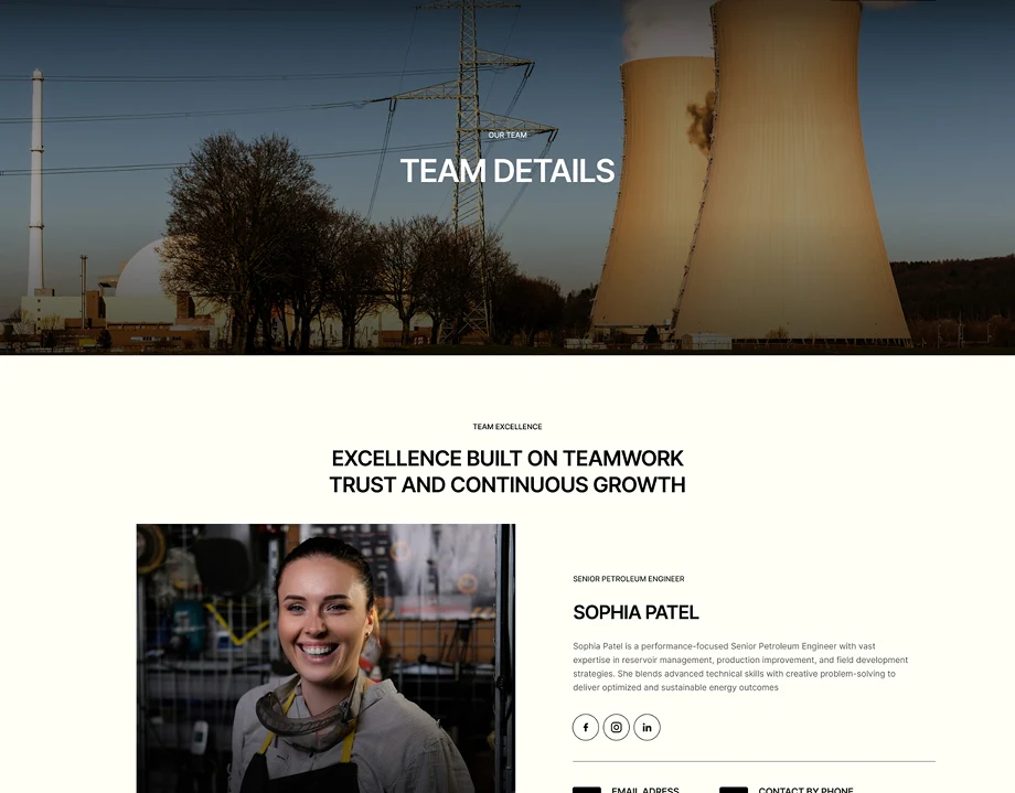 Industrial cooling towers with text overlay 'Our Team Team Details' above, and a profile of Sophia Patel, Senior Petroleum Engineer, smiling with a blurred industrial background.