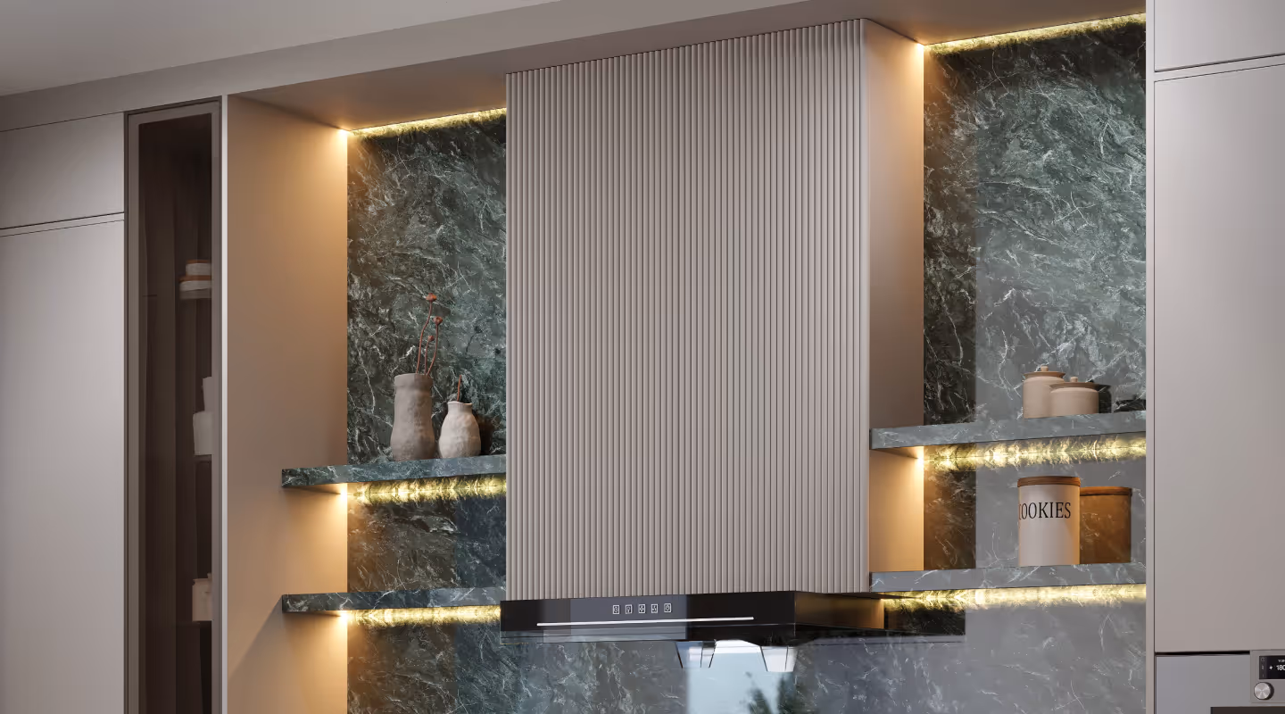 Modern kitchen wall with built-in shelves featuring warm LED lighting, decorative vases, a jar labeled 'COOKIES', and a sleek stainless steel range hood.