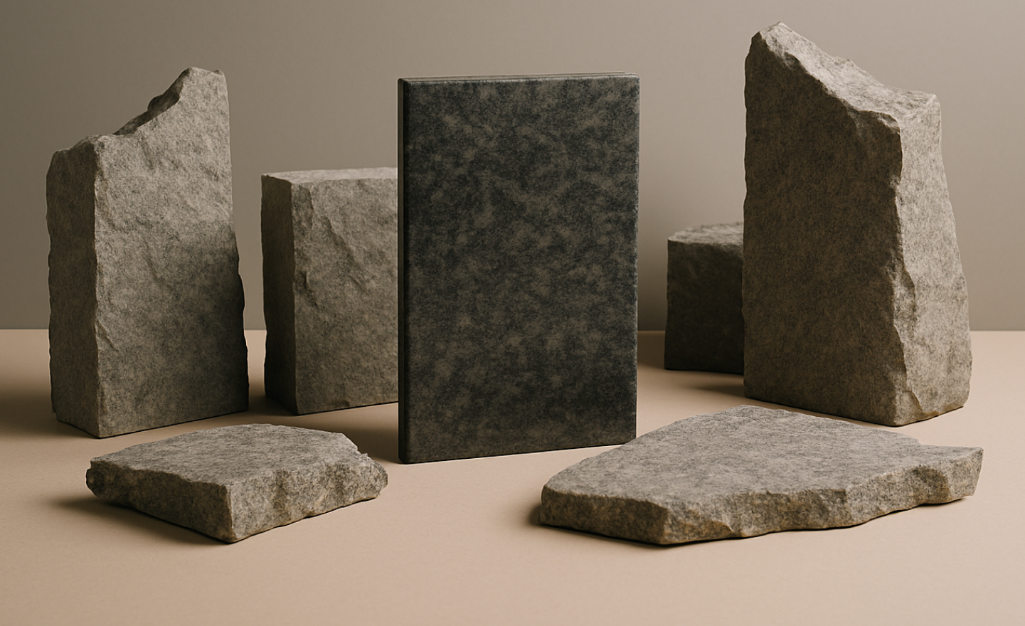 Dark rectangular tablet standing upright surrounded by large rough stone slabs on a beige surface.