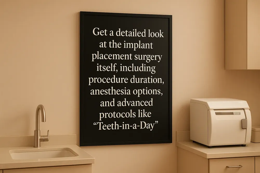 Get a detailed look at the implant placement surgery itself, including procedure duration, anesthesia options, and advanced protocols like 'Teeth-in-a-Day'.
