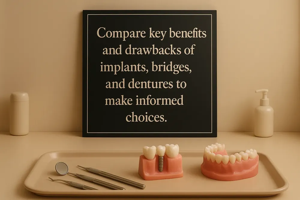 Compare key benefits and drawbacks of implants, bridges, and dentures to make informed choices.