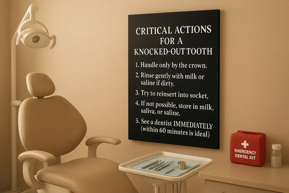 CRITICAL ACTIONS FOR A KNOCKED-OUT TOOTH: 1. Handle only by the crown. 2. Rinse gently with milk or saline if dirty. 3. Try to reinsert into socket. 4. If not possible, store in milk, saliva, or saline. 5. See a dentist IMMEDIATELY (within 60 minutes is ideal).