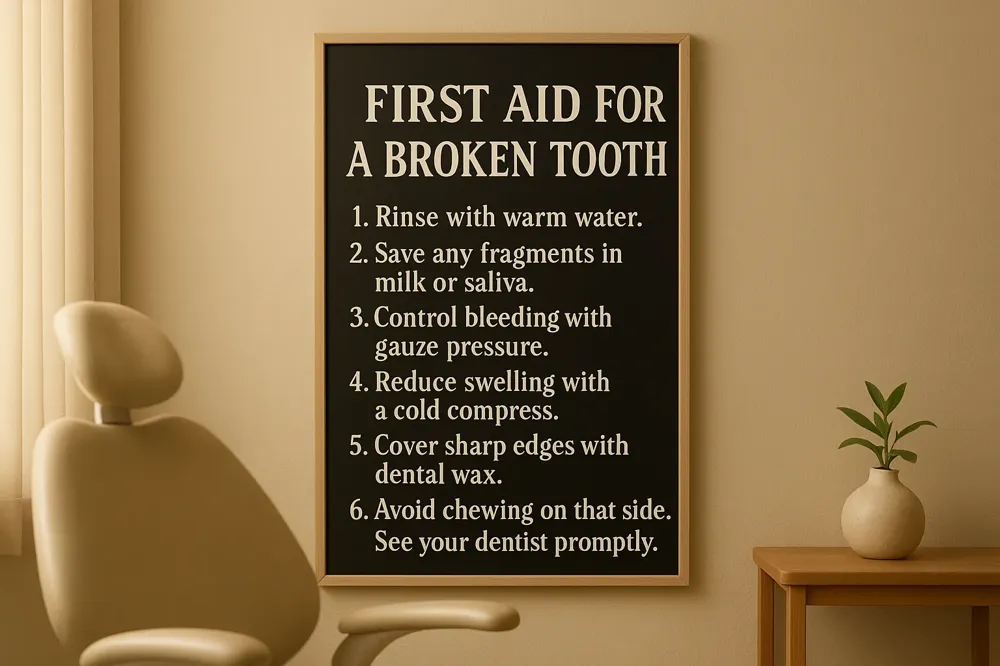 FIRST AID FOR A BROKEN TOOTH: 1. Rinse with warm water. 2. Save any fragments in milk or saliva. 3. Control bleeding with gauze pressure. 4. Reduce swelling with a cold compress. 5. Cover sharp edges with dental wax. 6. Avoid chewing on that side. See your dentist promptly.