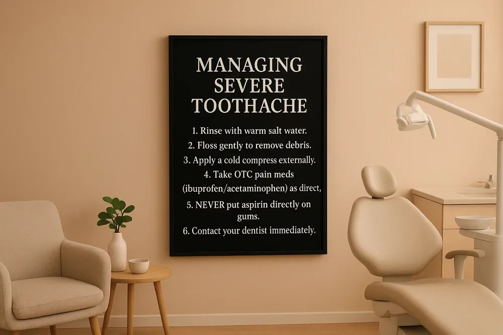 MANAGING SEVERE TOOTHACHE: 1. Rinse with warm salt water. 2. Floss gently to remove debris. 3. Apply a cold compress externally. 4. Take OTC pain meds (ibuprofen/acetaminophen) as directed. 5. NEVER put aspirin directly on gums. 6. Contact your dentist immediately.