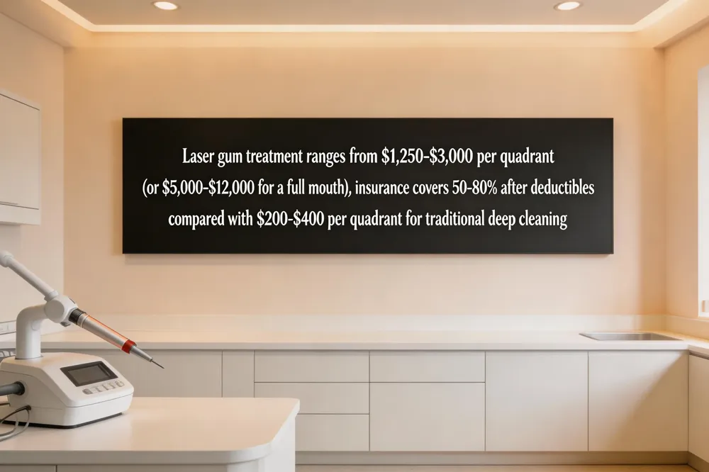 Laser gum treatment ranges from $1,250‑$3,000 per quadrant (or $5,000‑$12,000 for a full mouth), with insurance often covering 50‑80 % after deductibles, compared with $200‑$400 per quadrant for traditional deep cleaning.