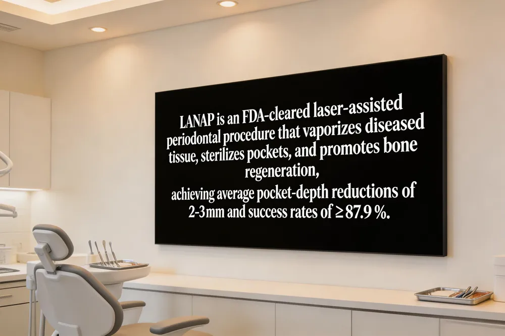 LANAP is an FDA‑cleared laser‑assisted periodontal procedure that vaporizes diseased tissue, sterilizes pockets, and promotes bone regeneration, achieving average pocket‑depth reductions of 2‑3 mm and success rates of ≥ 87.9 %.