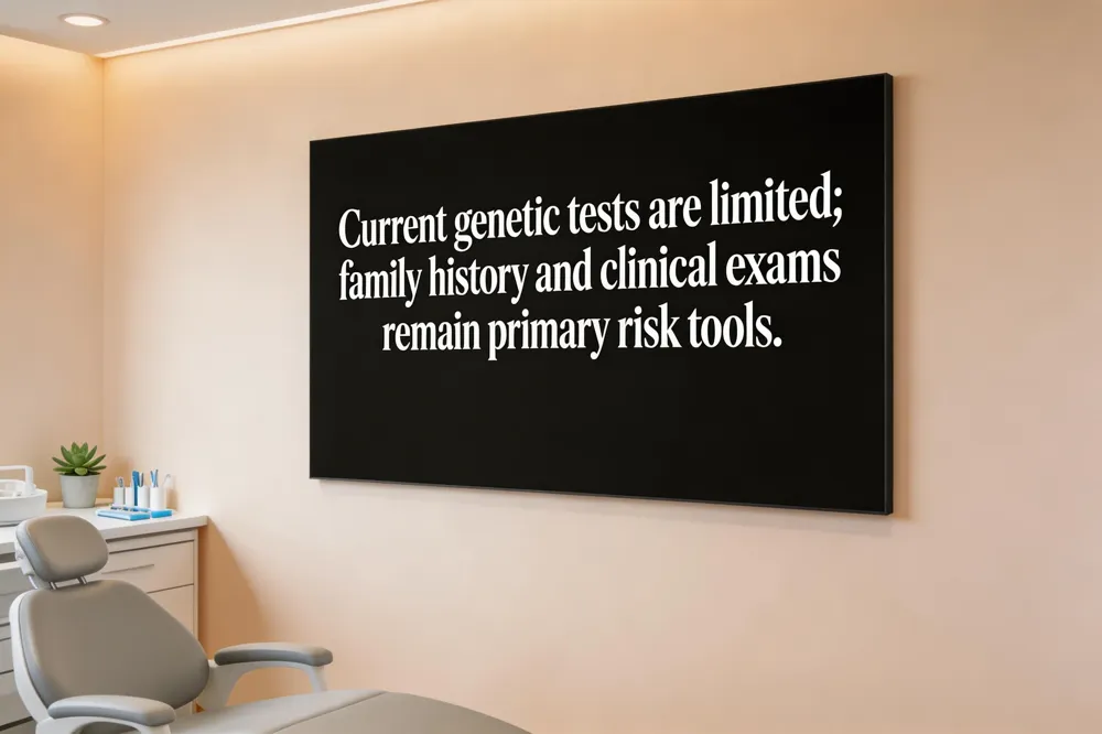 Current genetic tests are limited; family history and clinical exams remain primary risk tools.