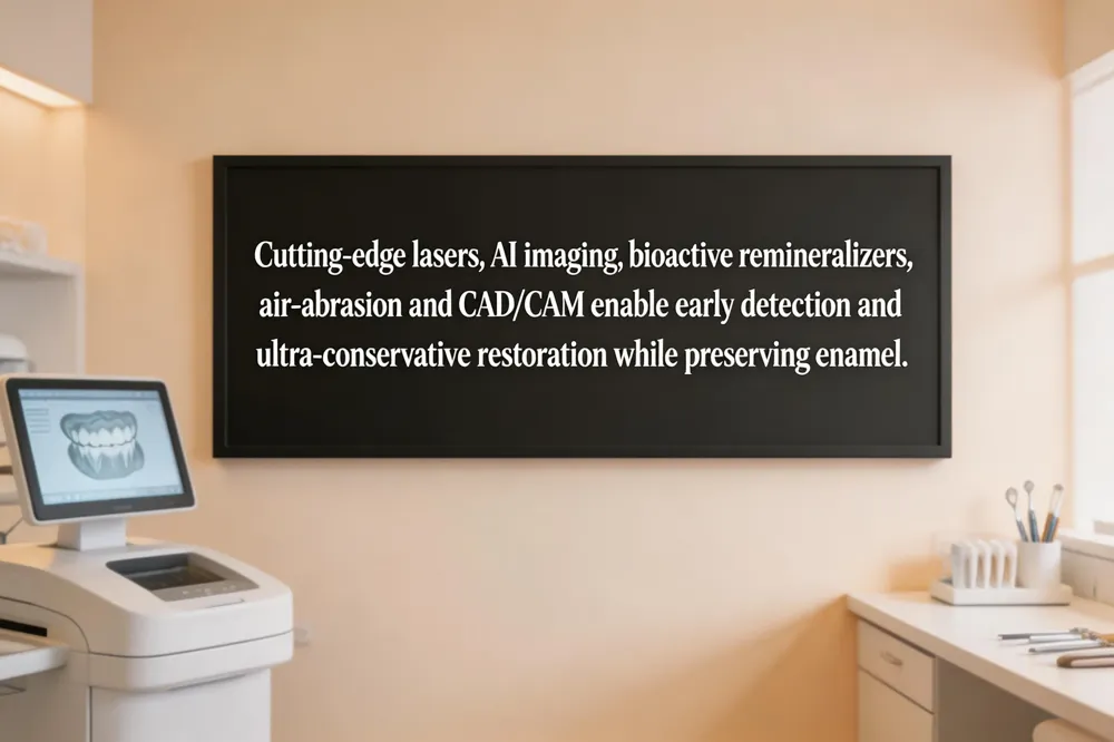 Cutting‑edge lasers, AI imaging, bioactive remineralizers, air‑abrasion and CAD/CAM enable early detection and ultra‑conservative restoration while preserving enamel.