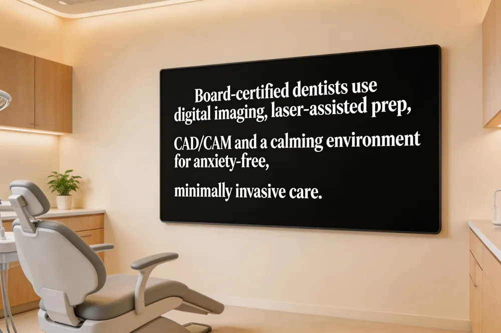 Board‑certified dentists use digital imaging, laser‑assisted prep, CAD/CAM and a calming environment for anxiety‑free, minimally invasive care.