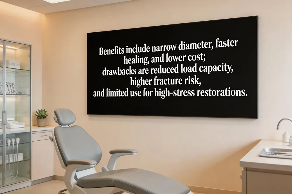 Benefits include narrow diameter, faster healing, and lower cost; drawbacks are reduced load capacity, higher fracture risk, and limited use for high‑stress restorations.