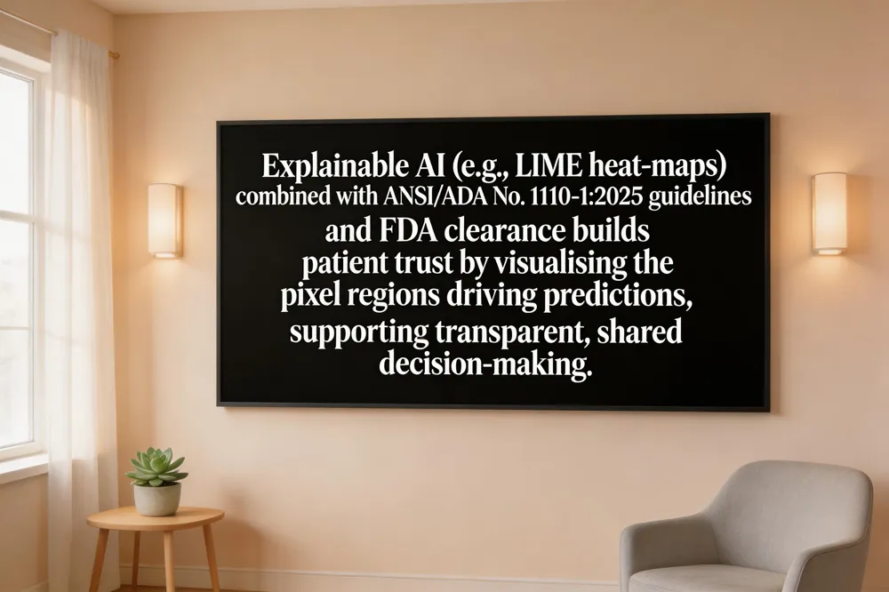 Explainable AI (e.g., LIME heat‑maps) combined with ANSI/ADA No. 1110‑1:2025 guidelines and FDA clearance builds patient trust by visualising the pixel regions driving predictions, supporting transparent, shared decision‑making.
