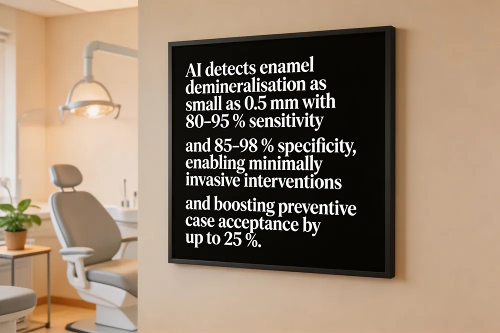 AI detects enamel demineralisation as small as 0.5 mm with 80‑95 % sensitivity and 85‑98 % specificity, enabling minimally invasive interventions and boosting preventive case acceptance by up to 25 %.
