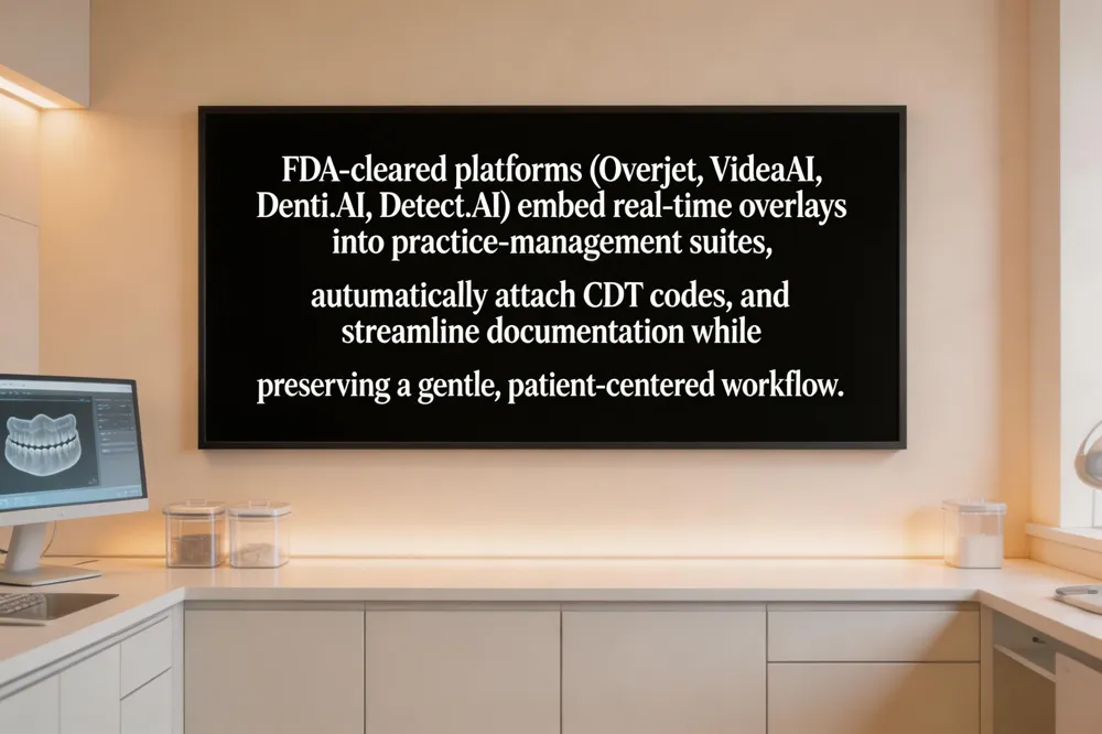 FDA‑cleared platforms (Overjet, VideaAI, Denti.AI, Detect AI) embed real‑time overlays into practice‑management suites, automatically attach CDT codes, and streamline documentation while preserving a gentle, patient‑centered workflow.