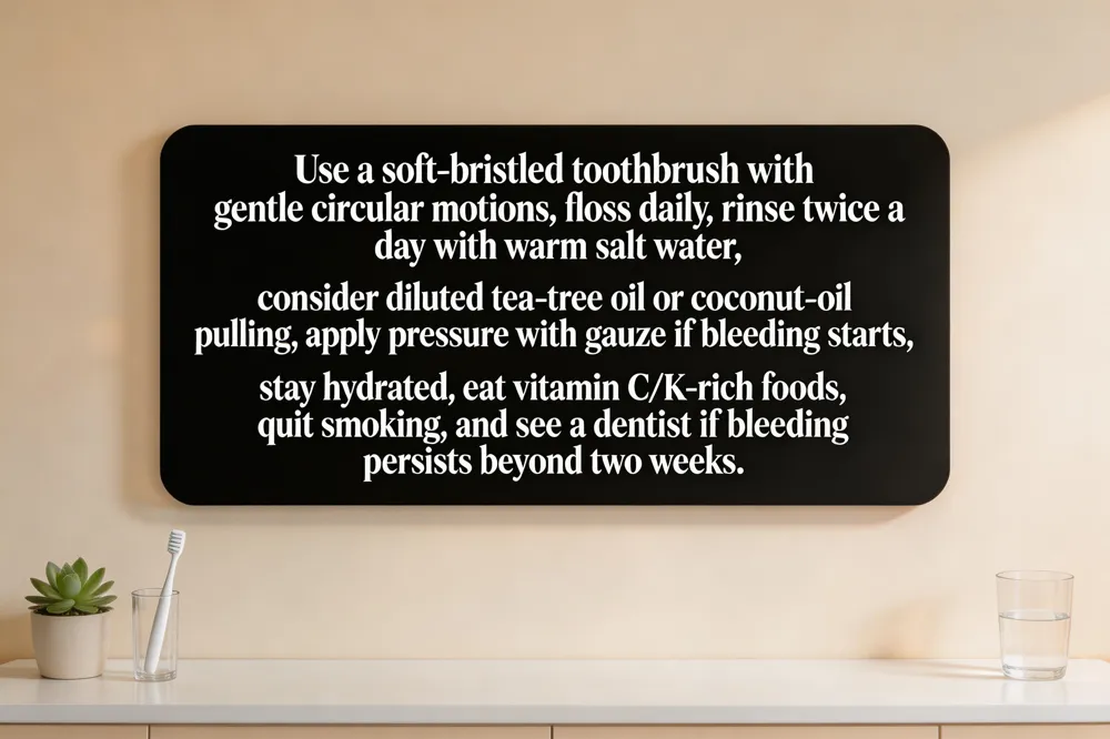 Use a soft‑bristled toothbrush with gentle circular motions, floss daily, rinse twice a day with warm salt water, consider diluted tea‑tree oil or coconut‑oil pulling, apply pressure with gauze if bleeding starts, stay hydrated, eat vitamin C/K‑rich foods, quit smoking, and see a dentist if bleeding persists beyond two weeks.