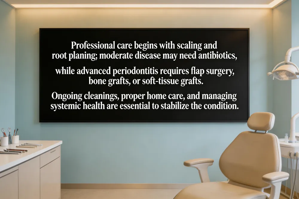 Professional care begins with scaling and root planing; moderate disease may need antibiotics, while advanced periodontitis requires flap surgery, bone grafts, or soft‑tissue grafts. Ongoing cleanings, proper home care, and managing systemic health are essential to stabilize the condition.