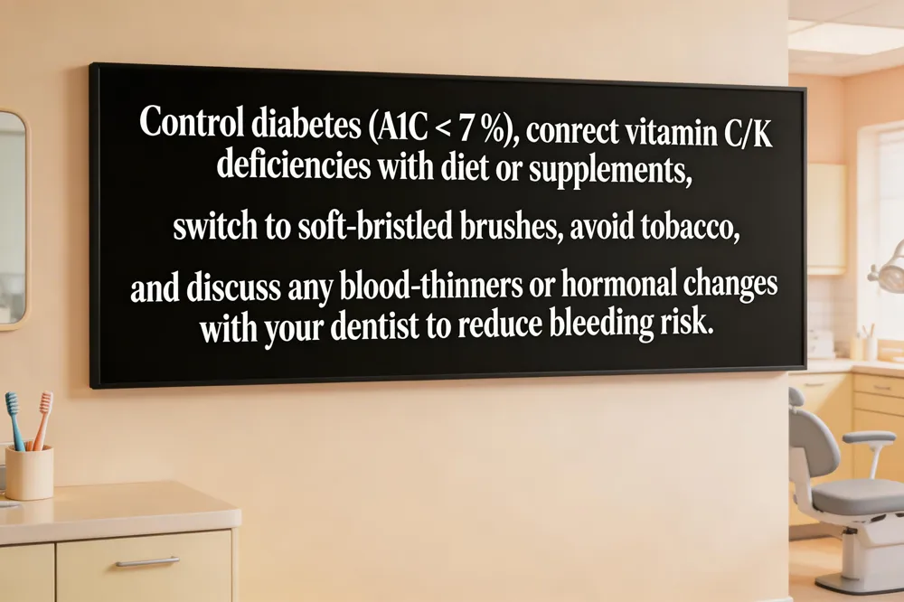 Control diabetes (A1C < 7 %), correct vitamin C/K deficiencies with diet or supplements, switch to soft‑bristled brushes, avoid tobacco, and discuss any blood‑thinners or hormonal changes with your dentist to reduce bleeding risk.