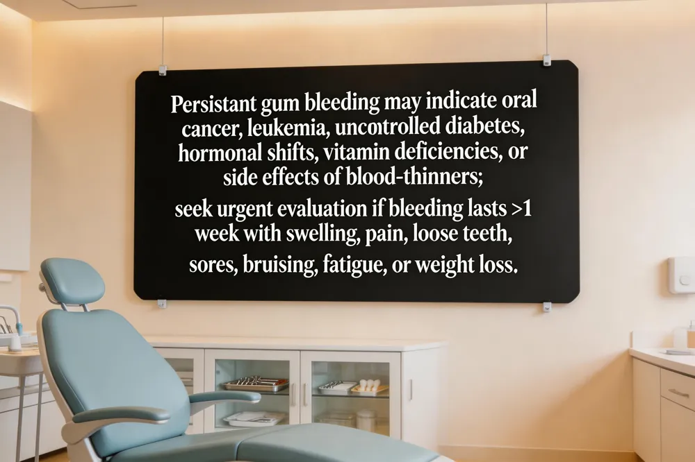 Persistent gum bleeding may indicate oral cancer, leukemia, uncontrolled diabetes, hormonal shifts, vitamin deficiencies, or side effects of blood‑thinners; seek urgent evaluation if bleeding lasts >1 week with swelling, pain, loose teeth, sores, bruising, fatigue, or weight loss.