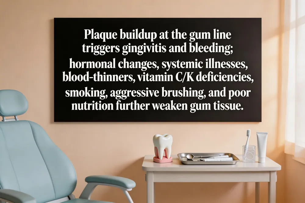 Plaque buildup at the gum line triggers gingivitis and bleeding; hormonal changes, systemic illnesses, blood‑thinners, vitamin C/K deficiencies, smoking, aggressive brushing, and poor nutrition further weaken gum tissue.