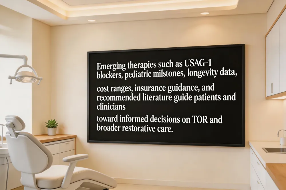 Emerging therapies such as USAG‑1 blockers, pediatric milestones, longevity data, cost ranges, insurance guidance, and recommended literature guide patients and clinicians toward informed decisions on TOR and broader restorative care.