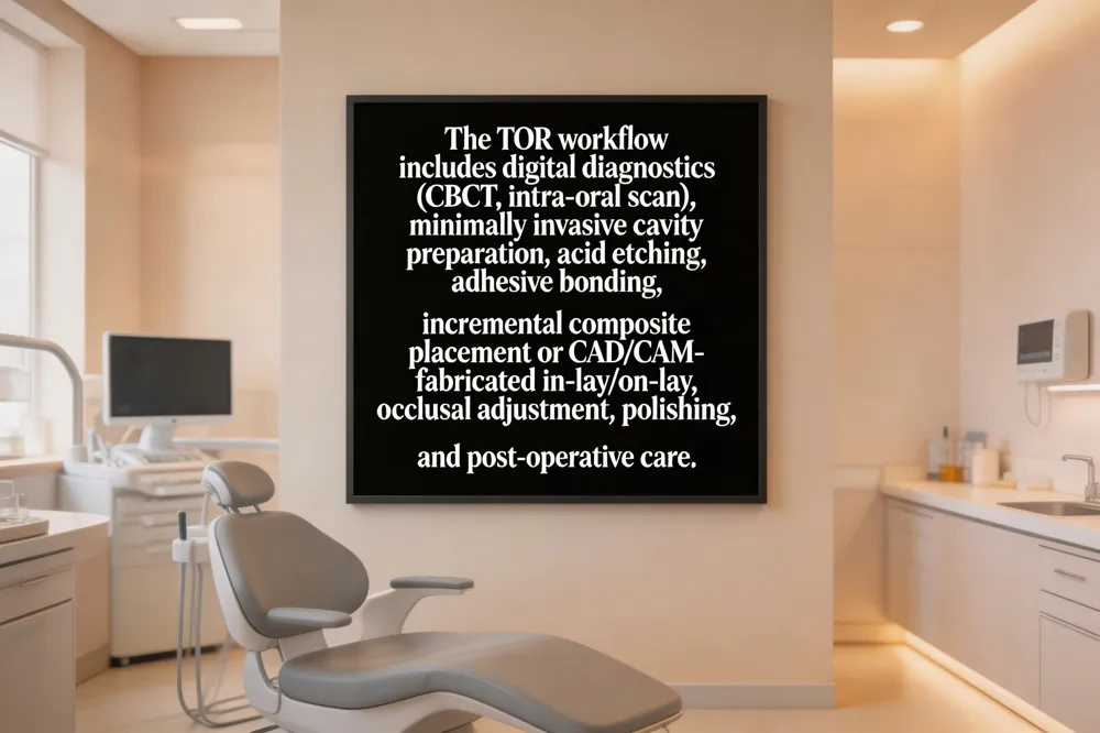 The TOR workflow includes digital diagnostics (CBCT, intra‑oral scan), minimally invasive cavity preparation, acid etching, adhesive bonding, incremental composite placement or CAD/CAM‑fabricated in‑lay/on‑lay, occlusal adjustment, polishing, and post‑operative care.