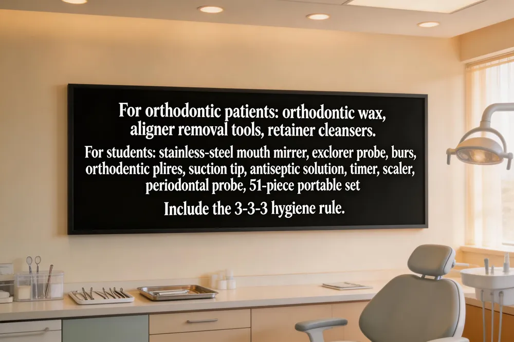 For orthodontic patients: orthodontic wax, aligner removal tools, retainer cleansers. For students: stainless‑steel mouth mirror, explorer probe, high‑speed handpiece burs, orthodontic pliers, suction tip, antiseptic solution, timer, scaler, periodontal probe, and a 51‑piece portable set. Include the 3‑3‑3 hygiene rule.