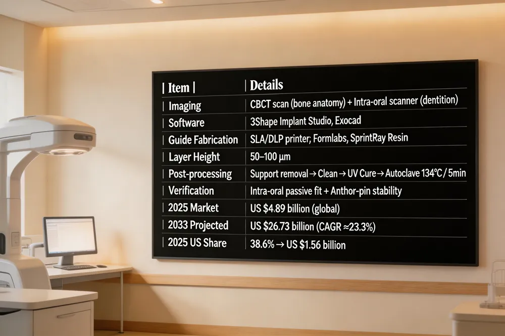 | Item | Details |
|------|---------|
| Imaging | CBCT scan (bone anatomy) + Intra‑oral scanner (dentition) |
| Software | 3Shape Implant Studio, Exocad (prosthetically driven planning) |
| Guide Fabrication | SLA/DLP printer; materials: Formlabs Surgical Guide Resin, SprintRay Surgical Guide 2 |
| Layer Height | 50–100 µm |
| Post‑processing | Support removal → resin cleaning → UV curing → Autoclave 134 °C / 5 min |
| Verification | Intra‑oral passive fit & anchor‑pin stability |
| Market Size 2025 | US $4.89 billion (global) |
| Projected 2033 | US $26.73 billion (CAGR ≈ 23.3 %) |
| US Share 2025 | 38.6 % → US $1.56 billion |