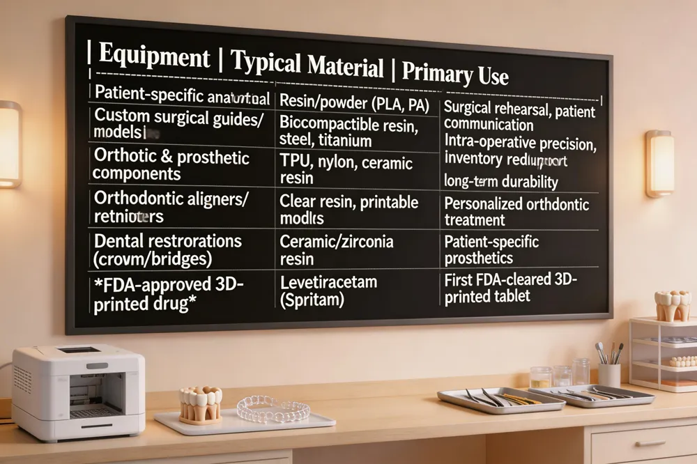 | Equipment | Typical Material | Primary Use |
|-----------|------------------|-------------|
| Patient‑specific anatomical models | Resin or powder‑based (PLA, PA) | Surgical rehearsal, patient communication |
| Custom surgical instruments (jigs, guides) | Biocompatible resin, stainless steel, titanium | Intra‑operative precision, inventory reduction |
| Orthotic & prosthetic components | TPU, nylon, ceramic‑filled resin | Functional support, long‑term durability |
| Orthodontic appliances (aligners, retainers) | Clear resin, printable molds | Rapid, personalized orthodontic treatment |
| Dental restorations (crowns, bridges, dentures) | Ceramic‑filled resin, zirconia‑loaded resin | High‑precision, patient‑specific prosthetics |
| FDA‑approved 3D‑printed drug | Levetiracetam (Spritam) | First 3D‑printed tablet cleared by FDA |
