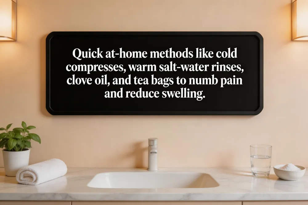 Quick at‑home methods like cold compresses, warm salt‑water rinses, clove oil, and tea bags to numb pain and reduce swelling.