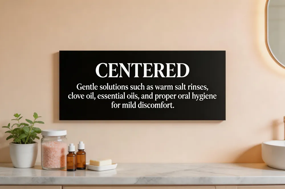 Gentle solutions such as warm salt rinses, clove oil, essential oils, and proper oral hygiene for mild discomfort.