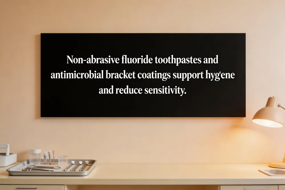 Non‑abrasive fluoride toothpastes and antimicrobial bracket coatings support hygiene and reduce sensitivity.