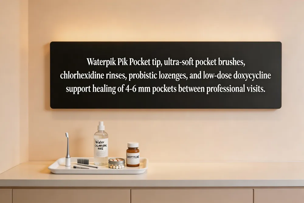Waterpik Pik Pocket tip, ultra‑soft pocket brushes, chlorhexidine rinses, probiotic lozenges, and low‑dose doxycycline support healing of 4‑6 mm pockets between professional visits.