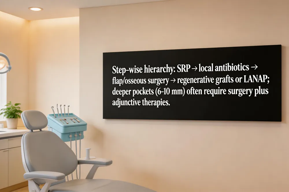 Step‑wise hierarchy: SRP → local antibiotics → flap/osseous surgery → regenerative grafts or LANAP; deeper pockets (6‑10 mm) often require surgery plus adjunctive therapies.