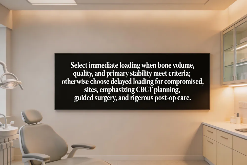 Select immediate loading when bone volume, quality, and primary stability meet criteria; otherwise choose delayed loading for compromised sites, emphasizing CBCT planning, guided surgery, and rigorous post‑op care.