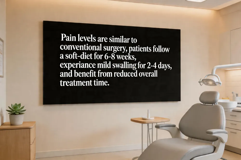Pain levels are similar to conventional surgery; patients follow a soft‑diet for 6‑8 weeks, experience mild swelling for 2‑4 days, and benefit from reduced overall treatment time.