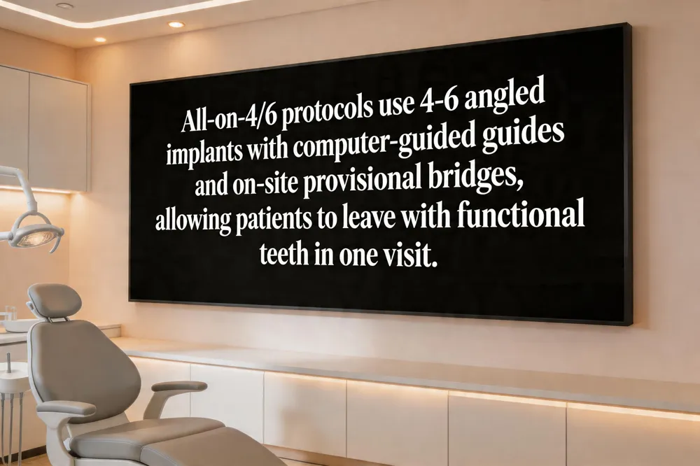 All‑on‑4/6 protocols use 4‑6 angled implants with computer‑guided guides and on‑site provisional bridges, allowing patients to leave with functional teeth in one visit.
