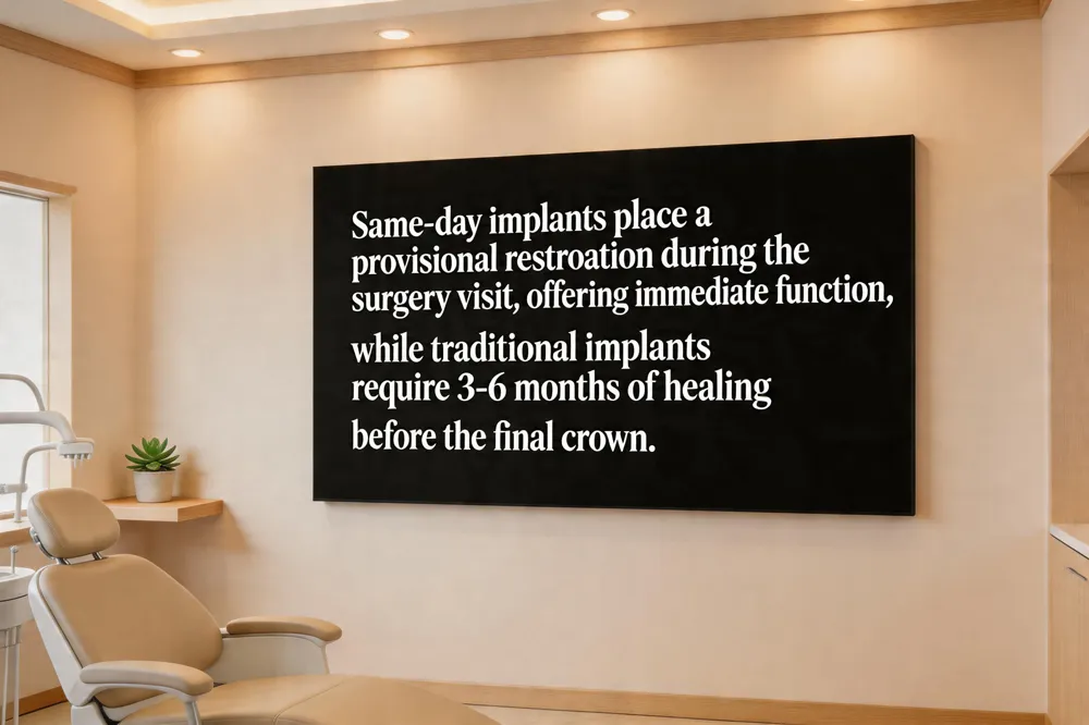 Same‑day implants place a provisional restoration during the surgery visit, offering immediate function, while traditional implants require 3‑6 months of healing before the final crown.