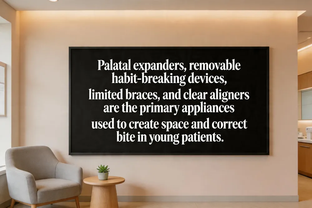 Palatal expanders, removable habit‑breaking devices, limited braces, and clear aligners are the primary appliances used to create space and correct bite in young patients.